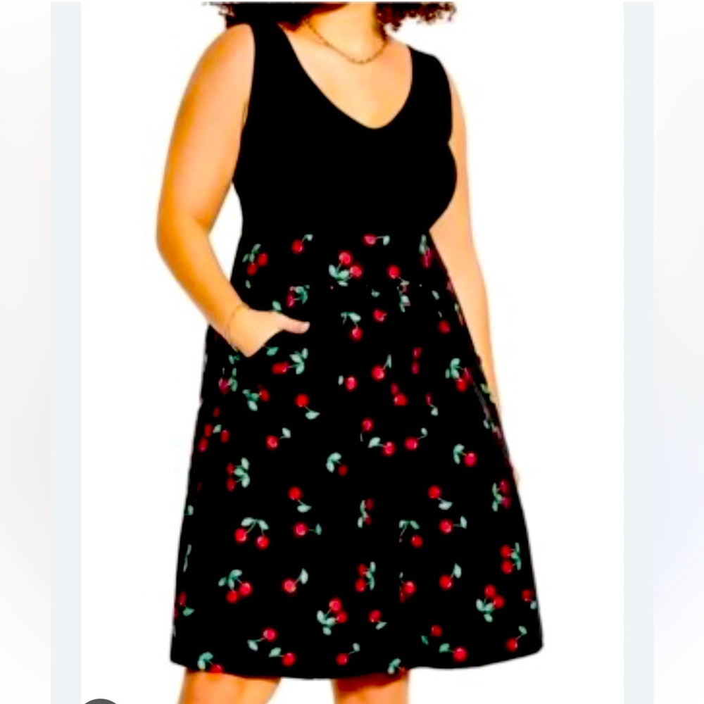 City Chic Black Cherry Print Off-Shoulder Dress size S/ 16